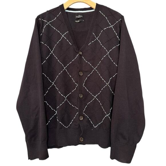 Marc Ecko XL Navy Blue Light Blue Diamond Pick Stitch Plaid Button Down Cardigan - Picture 3 of 8